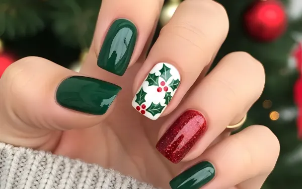 Elevate your holiday projects with this festive manicure image featuring a holly design and glitter polish. Perfect for seasonal beauty content.