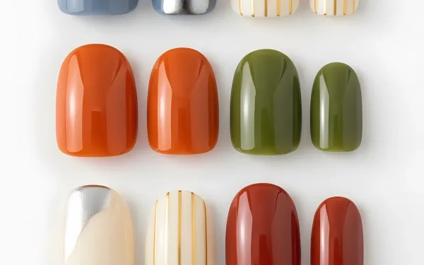 Enhance your designs with this set of colorful press-on nails, featuring silver and gold accents. A premium design asset ready for instant commercial use.