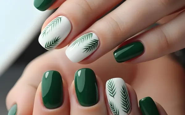 Elevate your designs with this chic nail art image, showcasing a trendy green and leaf design. Perfect for beauty blogs or salon promotions.