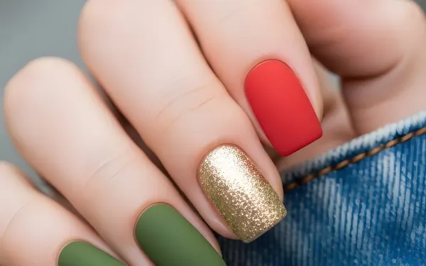 Elevate your designs with this hand featuring trendy matte olive, red, and glitter gold nails, perfect for high-fashion beauty campaigns and modern lifestyle content.