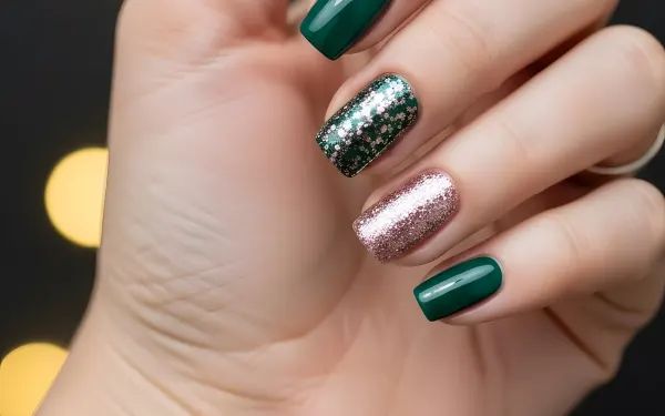 Elevate your designs with this hand model featuring emerald green and glitter nails. A premium design asset perfect for beauty product mockups.