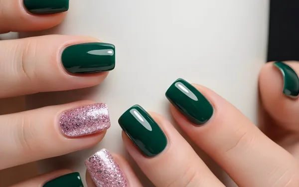 Elevate your designs with this close-up of manicured hands holding a mug, featuring emerald green and glitter polish. Perfect for beauty and lifestyle projects.