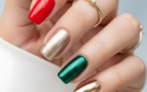 Elevate your designs with this striking manicure image featuring red, gold, and green nails and delicate gold rings. Perfect for high-end beauty and fashion projects.