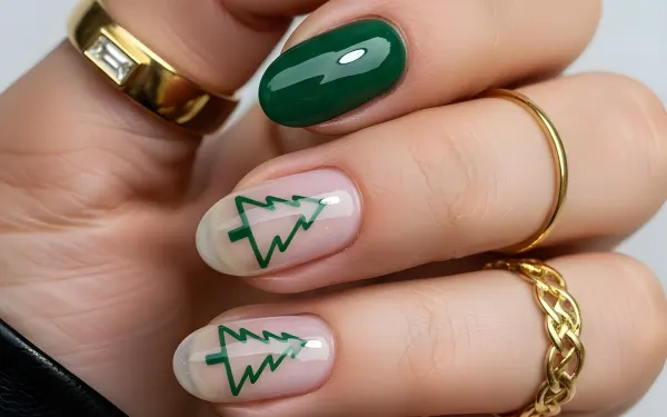 Elevate your holiday designs with this image of festive nail art featuring Christmas trees. A premium design asset perfect for seasonal beauty campaigns.