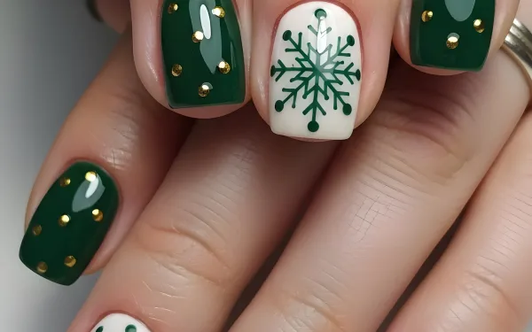 Elevate your holiday designs with this manicure showcasing emerald green polish and delicate snowflake art. Perfect for seasonal beauty and fashion projects.
