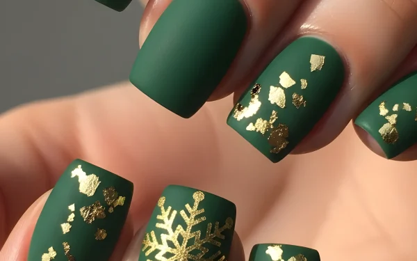 Elevate your designs with this image of festive green nails featuring gold foil and a snowflake. Perfect for holiday beauty content and seasonal promotions.