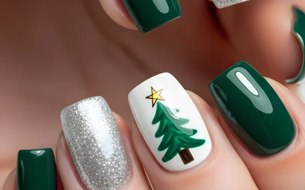 Elevate your designs with this festive nail art image showcasing a Christmas tree, green polish, and silver glitter. Perfect for holiday beauty content.
