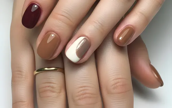 Showcase sophisticated nail art with this image of earth-toned and burgundy manicure. Elevate your beauty content with this premium design asset, perfect for salons.
