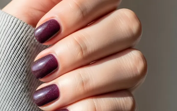 Enhance your designs with this hand featuring dark purple glitter nail polish, radiating elegance and style. Perfect for beauty and fashion projects.