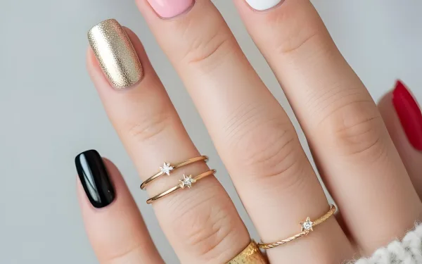 Elevate your designs with this stylish manicure featuring trendy nail colors and delicate gold rings. Perfect for beauty and fashion-related projects.