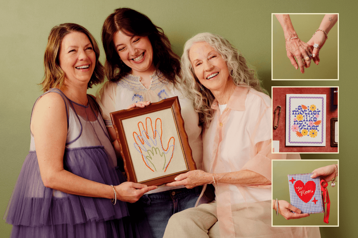 Colorful Mother's Day gift arrangement featuring flowers, cards, and handmade goods