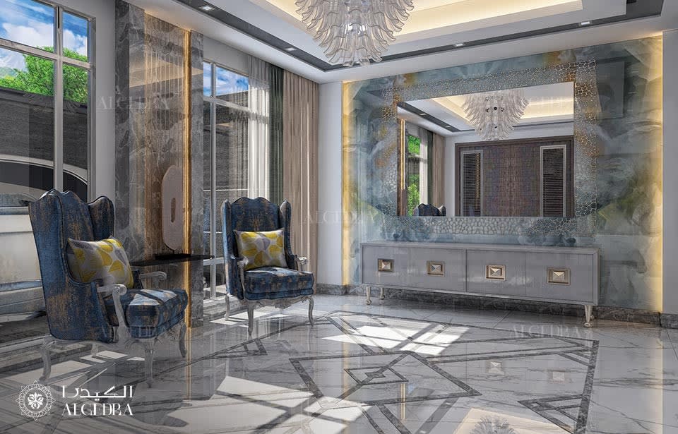تصميم غرفة جلوس عائلية في قصر في وسط مدينة دبي، دبي