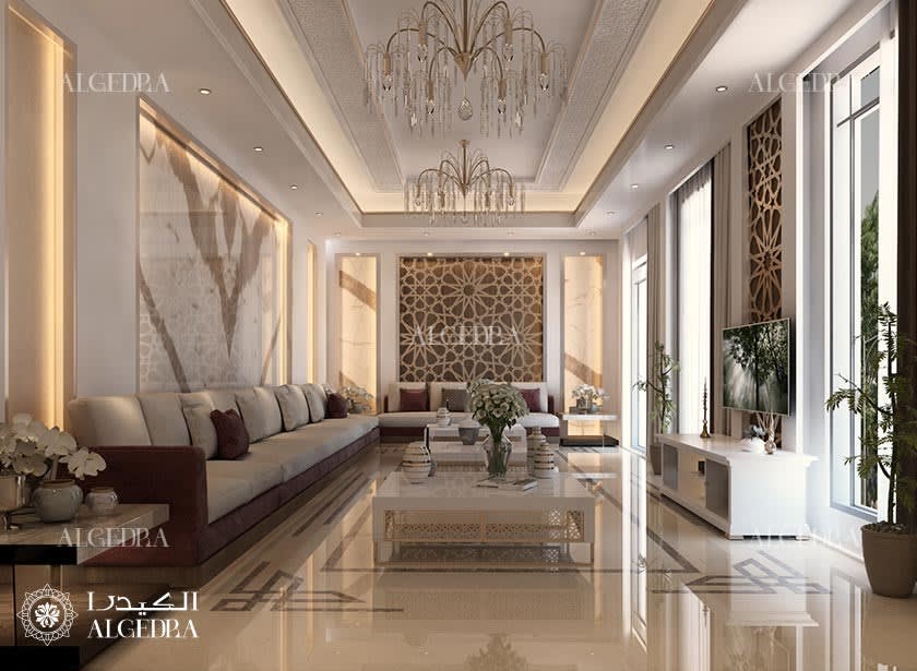 تصميم غرفة جلوس عائلية في شقة في تلال الغاف، دبي