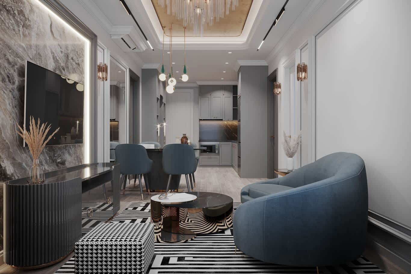 Compact apartment living room with graphic black and white flooring and crystal ceiling