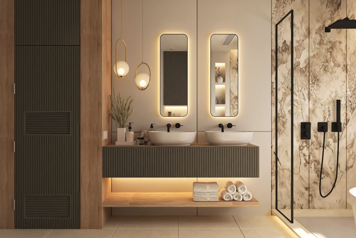 Apartment bathroom fit-out in Downtown Dubai – twin vessel basins, fluted vanity and louvred service door