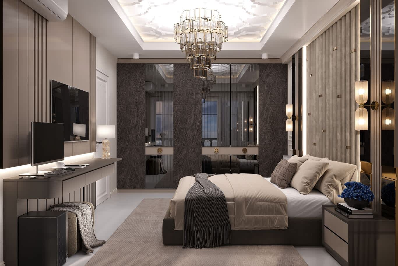 Luxury bedroom wardrobe in dark stone finish with antiqued mirror and tiered crystal chandelier