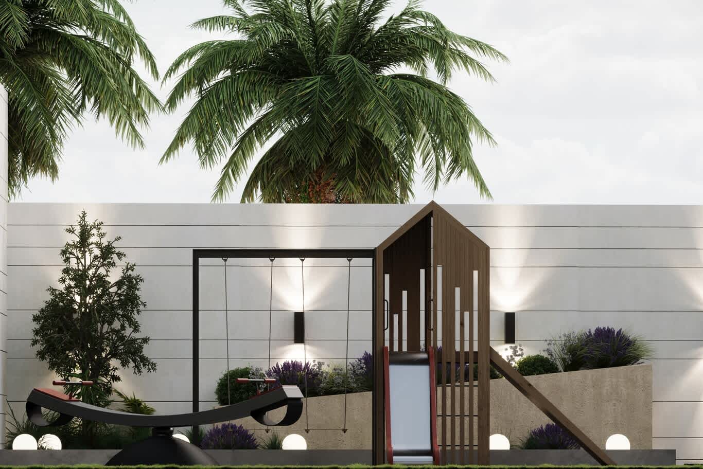 Garden play area with timber slide house, swings and lit planters