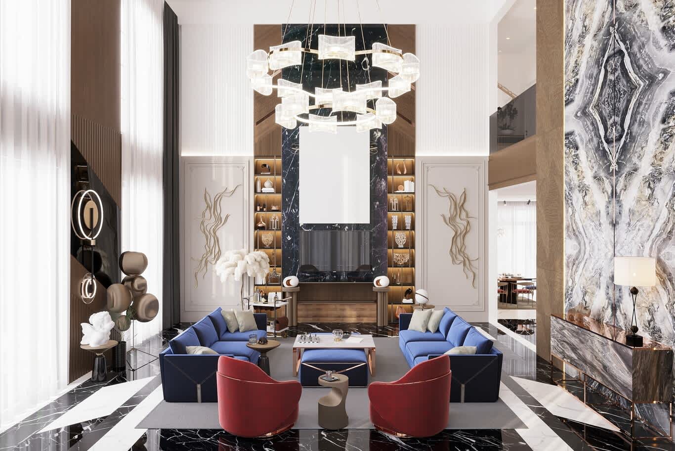 Double-height luxury living room with black marble chimney breast and blue velvet sofas