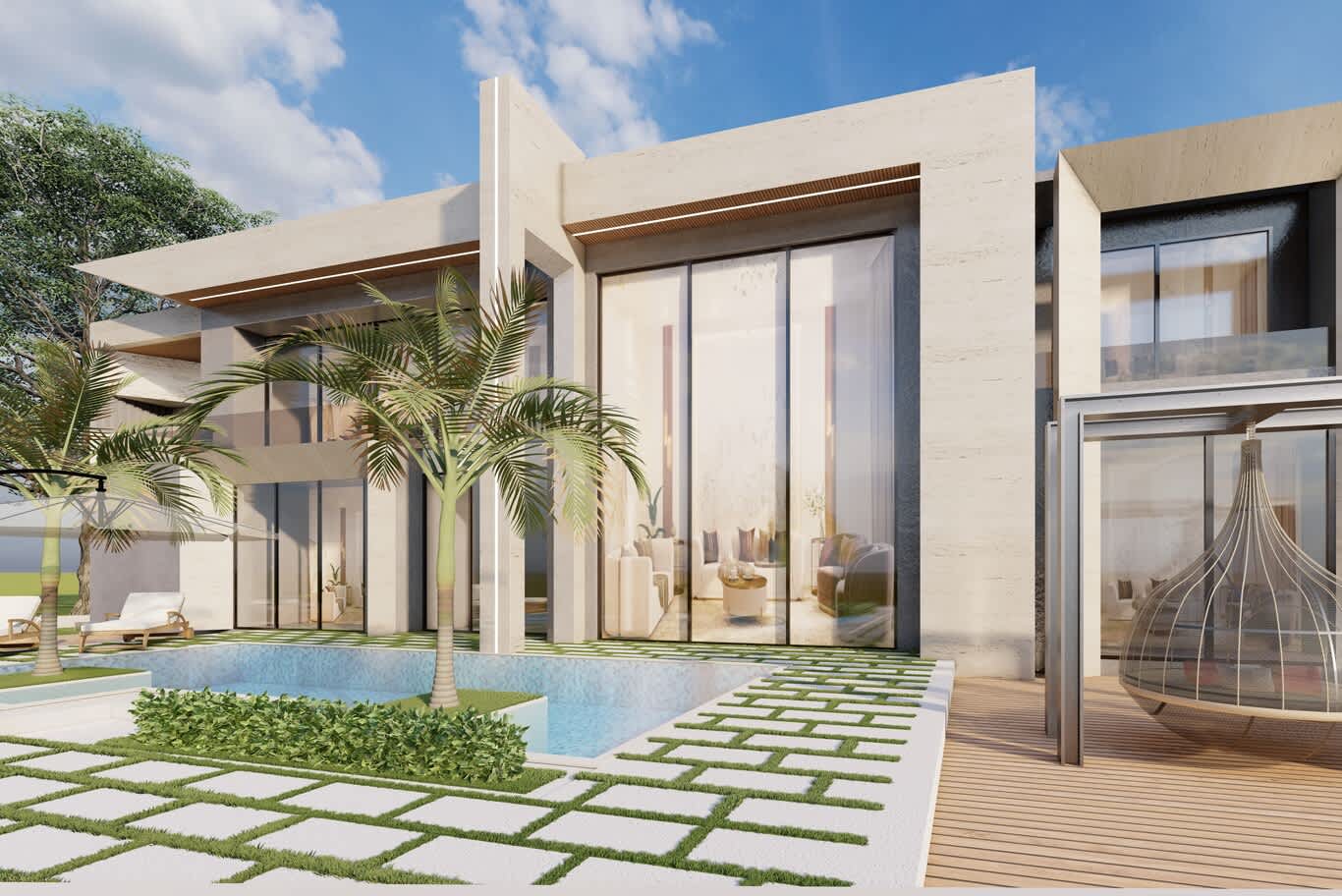 Palm Jumeirah villa soffit lighting – travertine frame, timber soffit with linear LED and grass-joint paving