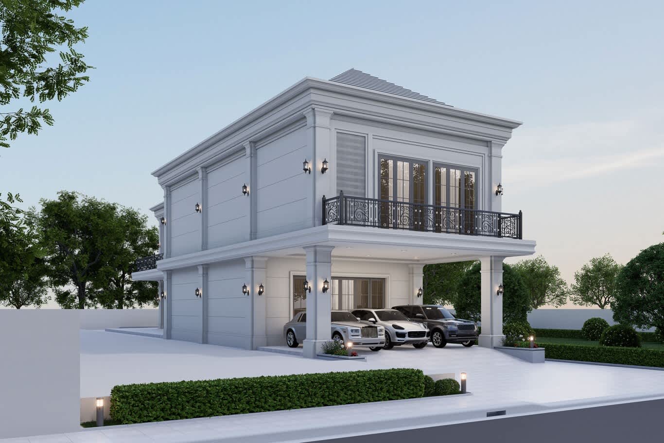تصميم فلل الخوانيج، كورنيش سطح كلاسيكي حديث وأعمدة جدارية بألواح وشرفة من الحديد المشغول بزخارف ملتفة