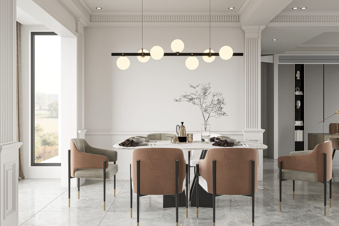 English manor house dining room with fireplace
