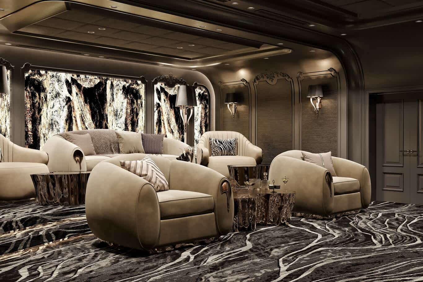 Classic luxury home cinema with backlit stone panels, ornate mouldings and round velvet armchairs