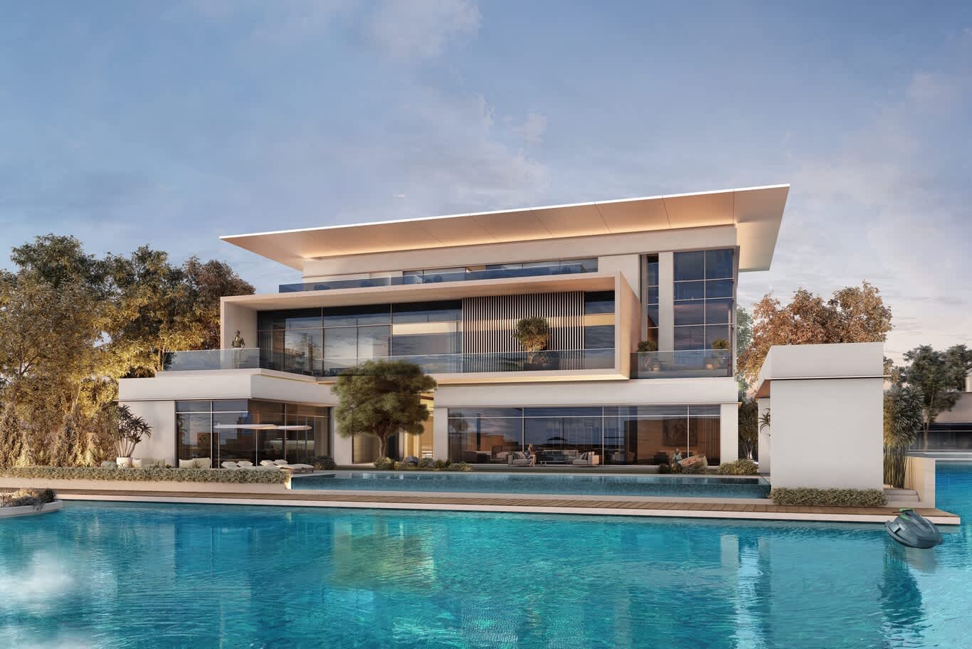 Palm Jumeirah waterfront villa elevation – angled cantilevered roof and glass balustrades facing the lagoon