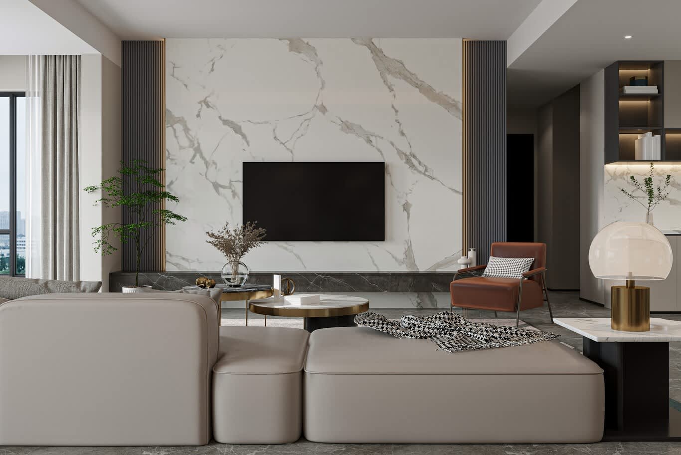 Apartment interior design in Downtown Dubai – marble-effect TV wall framed by fluted panels and brass trim