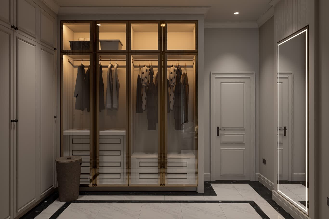 Classic walk-in wardrobe in Qatar with brass-framed glazed doors, panelled walls and a lit full-height mirror