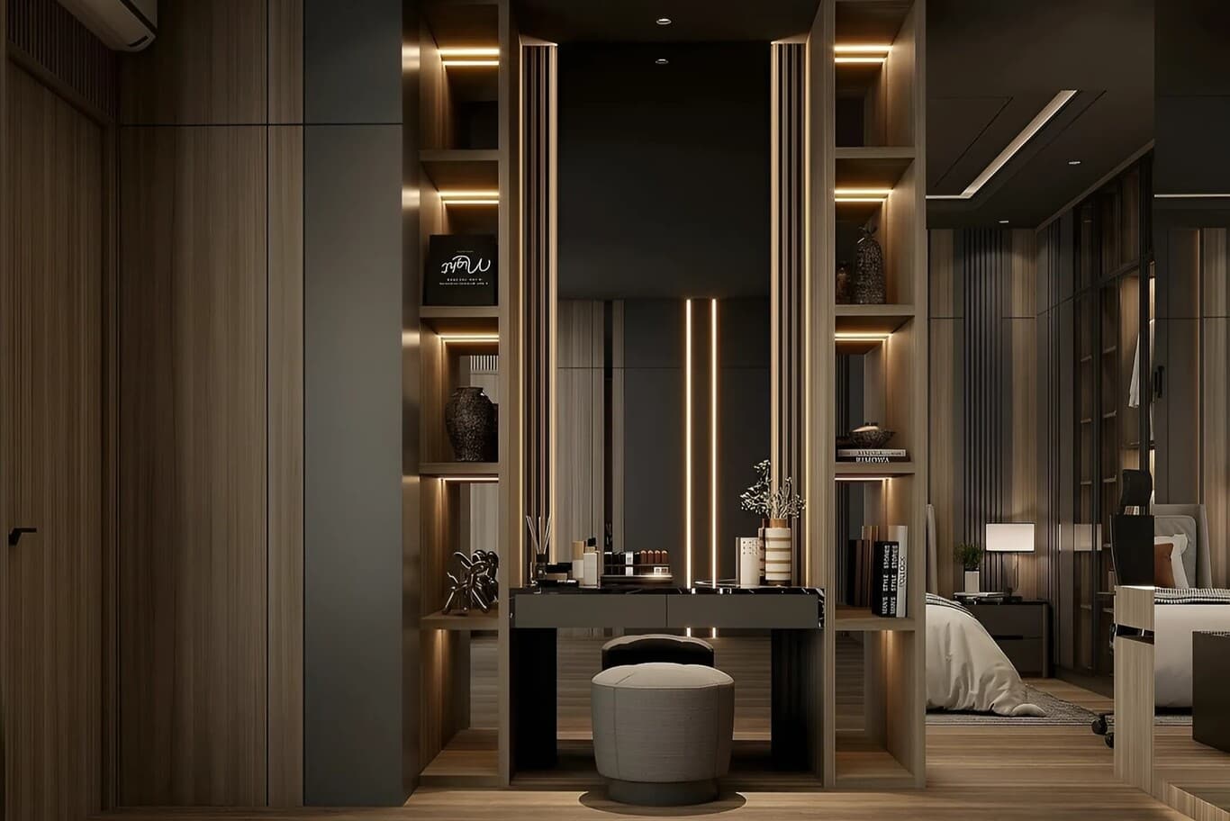 •	Built-in vanity niche with lit open shelving and slatted timber columns beside a bedroom