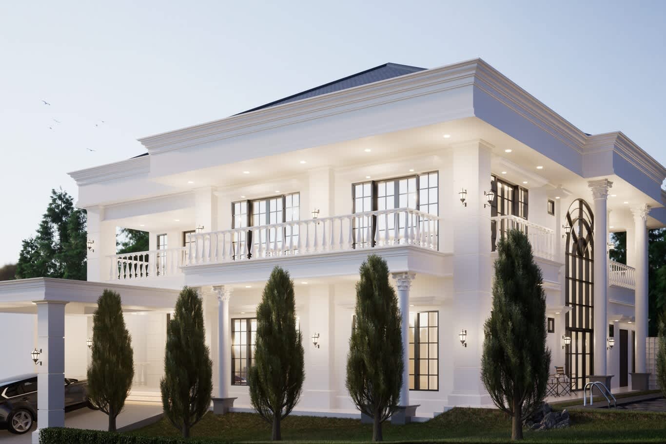 Al Khawaneej villa design – double-height arched steel window and balustraded upper loggia lined with cypress trees