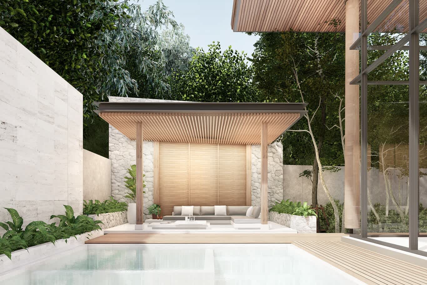 Courtyard garden with timber-roofed cabana, travertine walls and pool