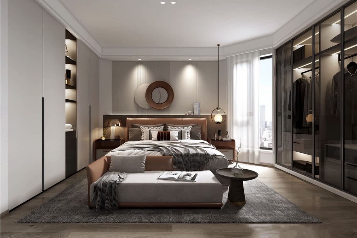 Bedroom layout with cognac leather bed, foot bench and lit glass wardrobes