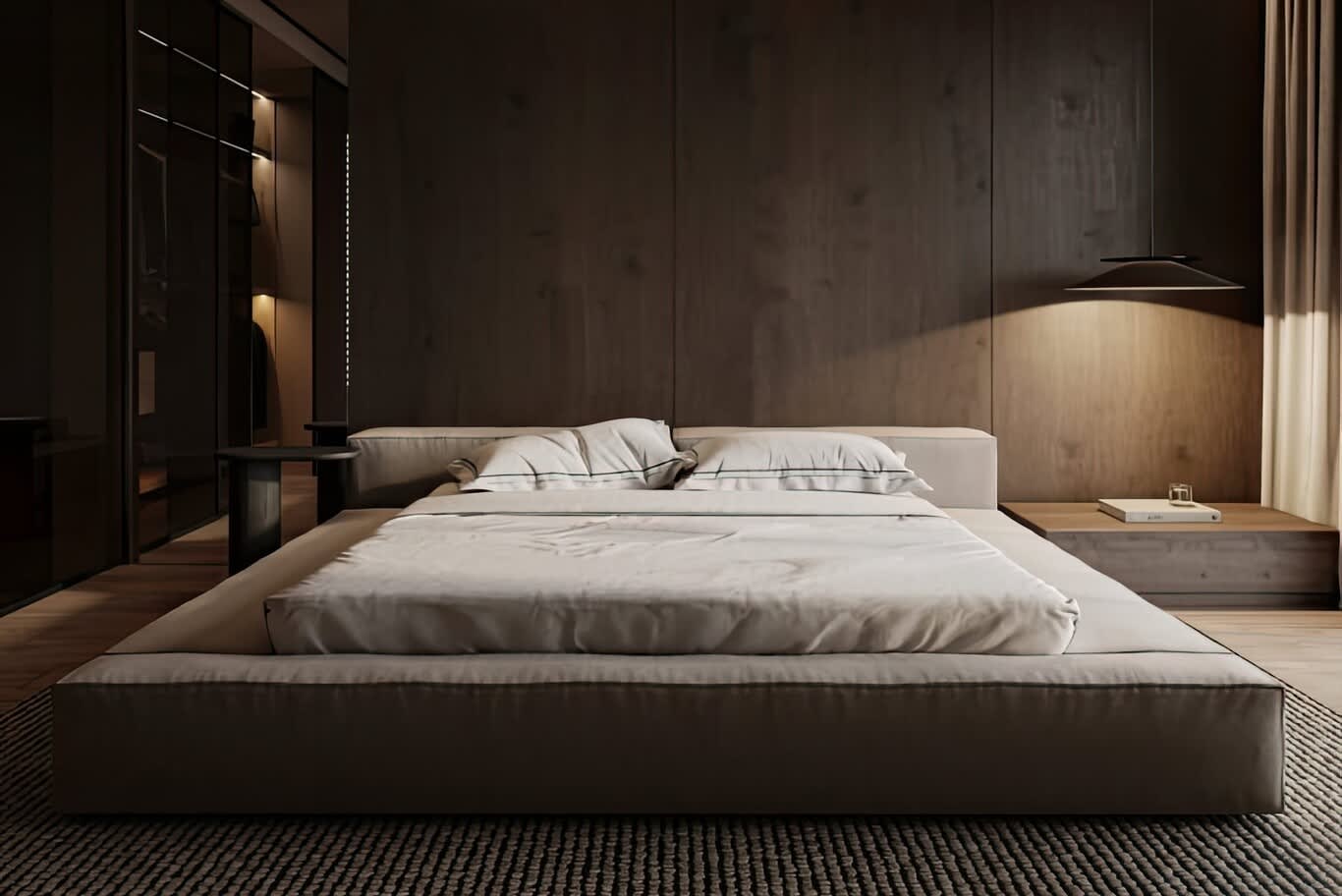 تصميم غرفة نوم خشب داكن