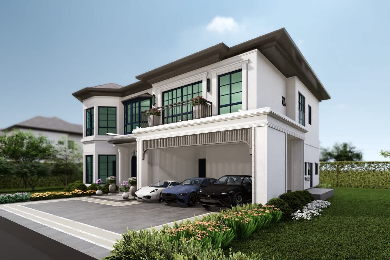 Al Khawaneej villa design – three-car porte-cochère with a fretwork valance beside a classic bay window