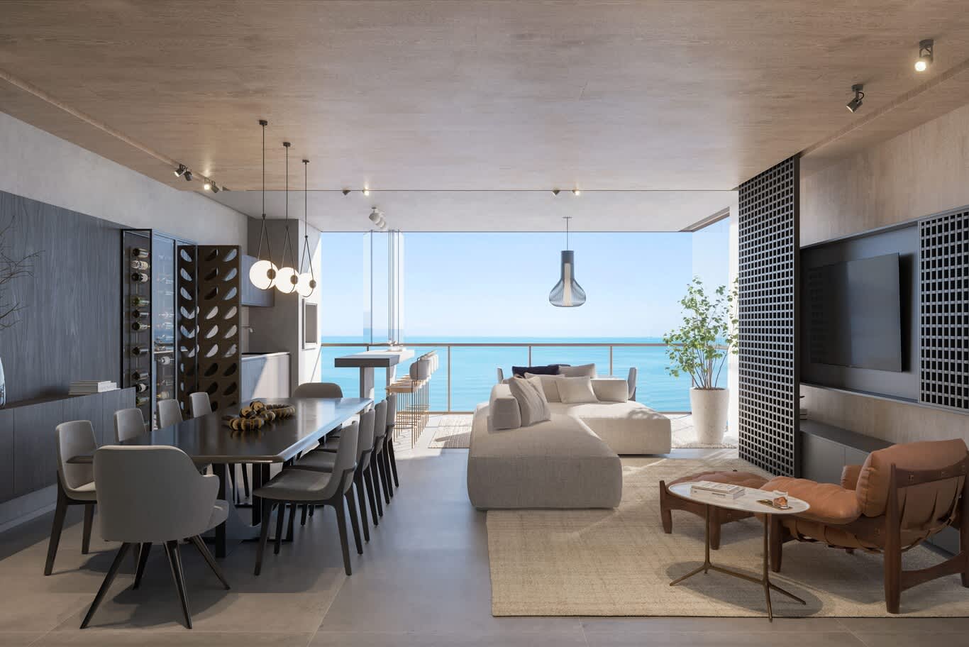 Open-plan living and dining in Downtown Dubai – timber ceiling, wine display wall and metal grille screen