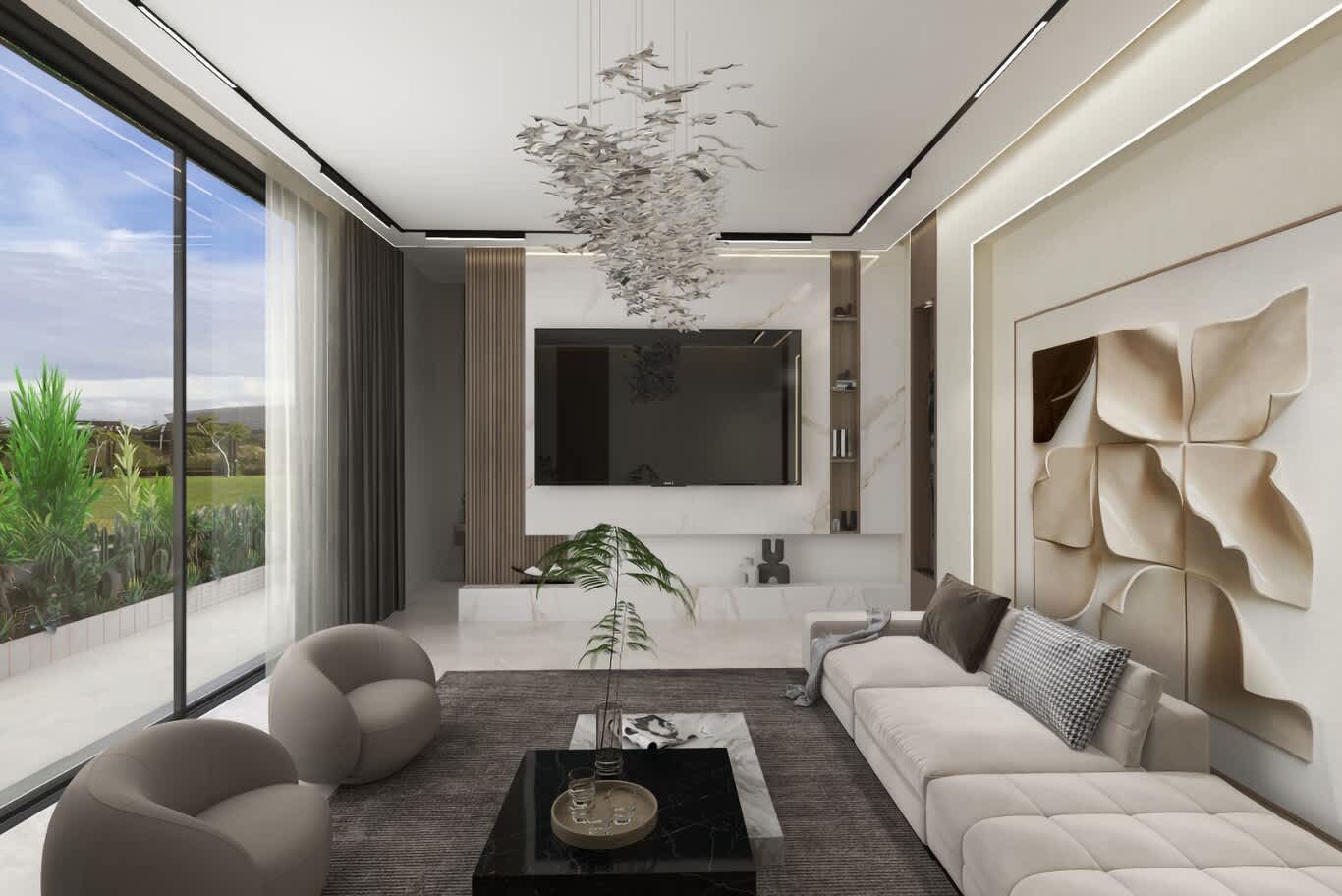 Living room rug sized to the seating group with cream sofa, rounded armchairs and black marble table