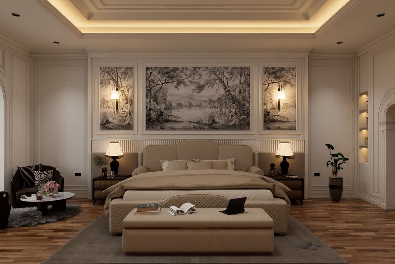 Panelled luxury bedroom with scenic landscape mural, wall sconces and quilted upholstered bed