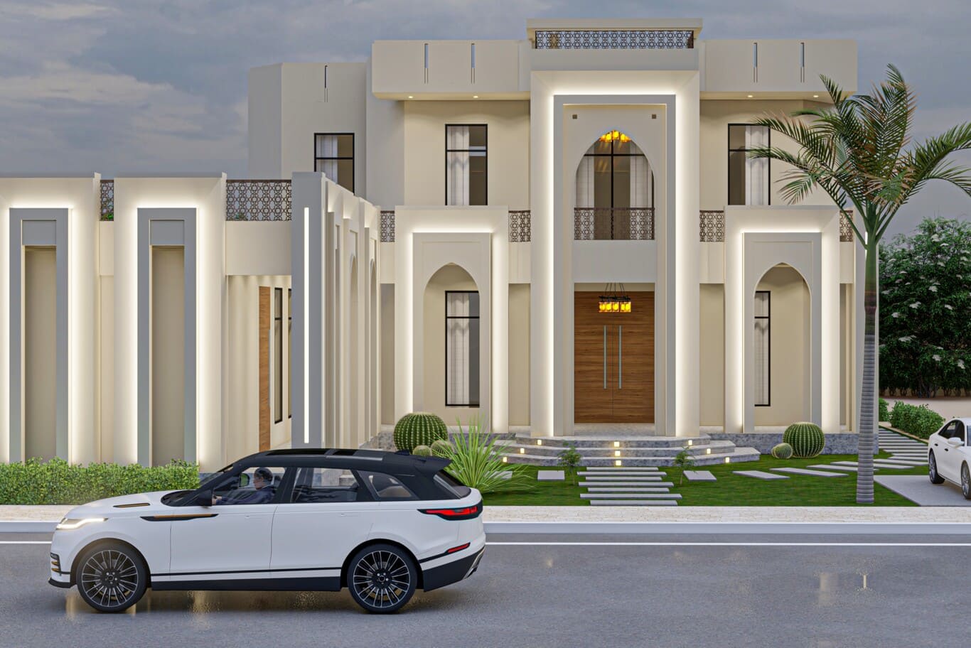 تصميم فلل الخوانيج، واجهة عربية حديثة بكوّات بأقواس مدببة وحواجز سطح بالمشربية وإضاءة واجهة ملامسة