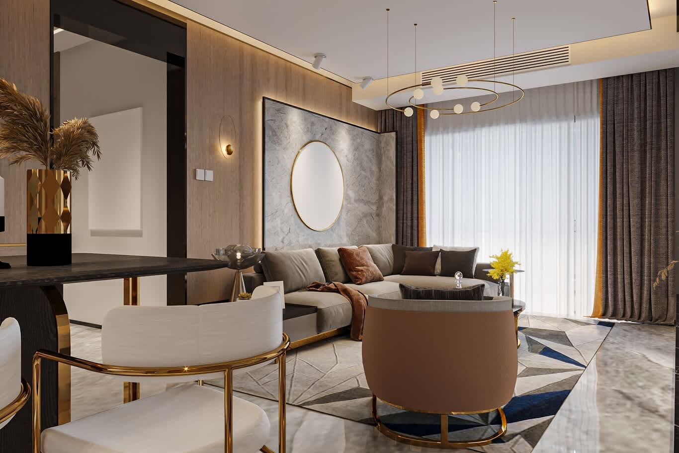 Living room with backlit grey marble panel and gold-framed accent chairs
