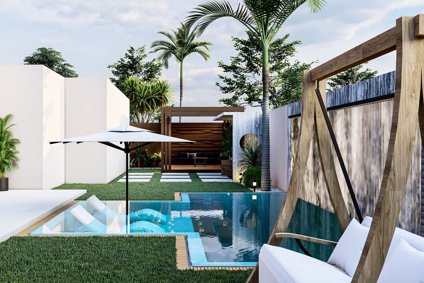 Garden lawn with stepping-stone path, timber cabana and pool with in-water loungers