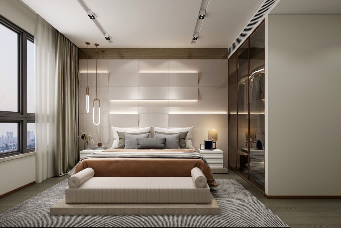 Bedroom storage with bronze-tinted glass wardrobe beside a faceted ivory headboard wall