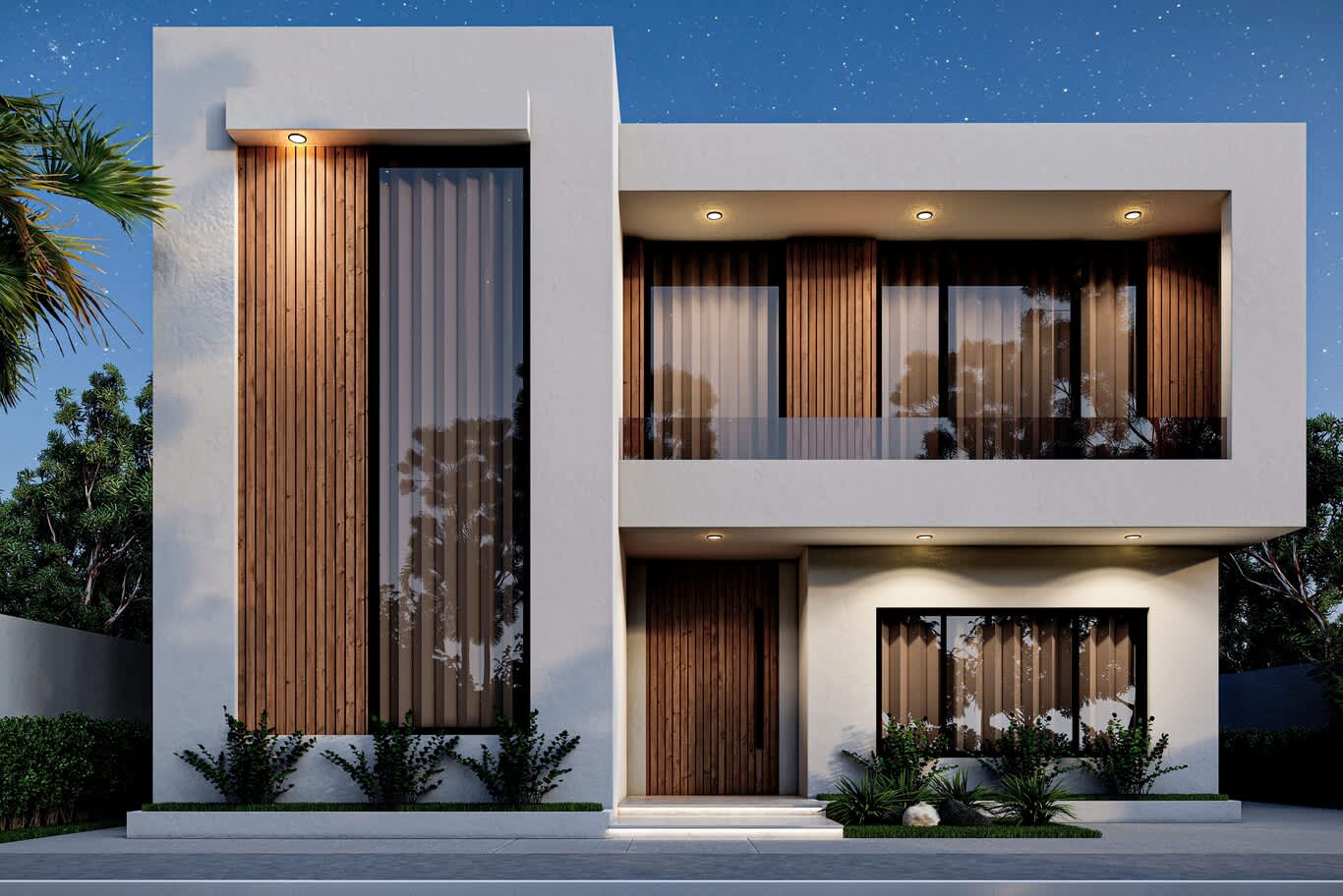 تصميم فلل ند الشبا، فيلا معاصرة مكسوة بالمحارة البيضاء بكسوة عمودية من الشرائح الخشبية وواجهات زجاجية بكامل الارتفاع