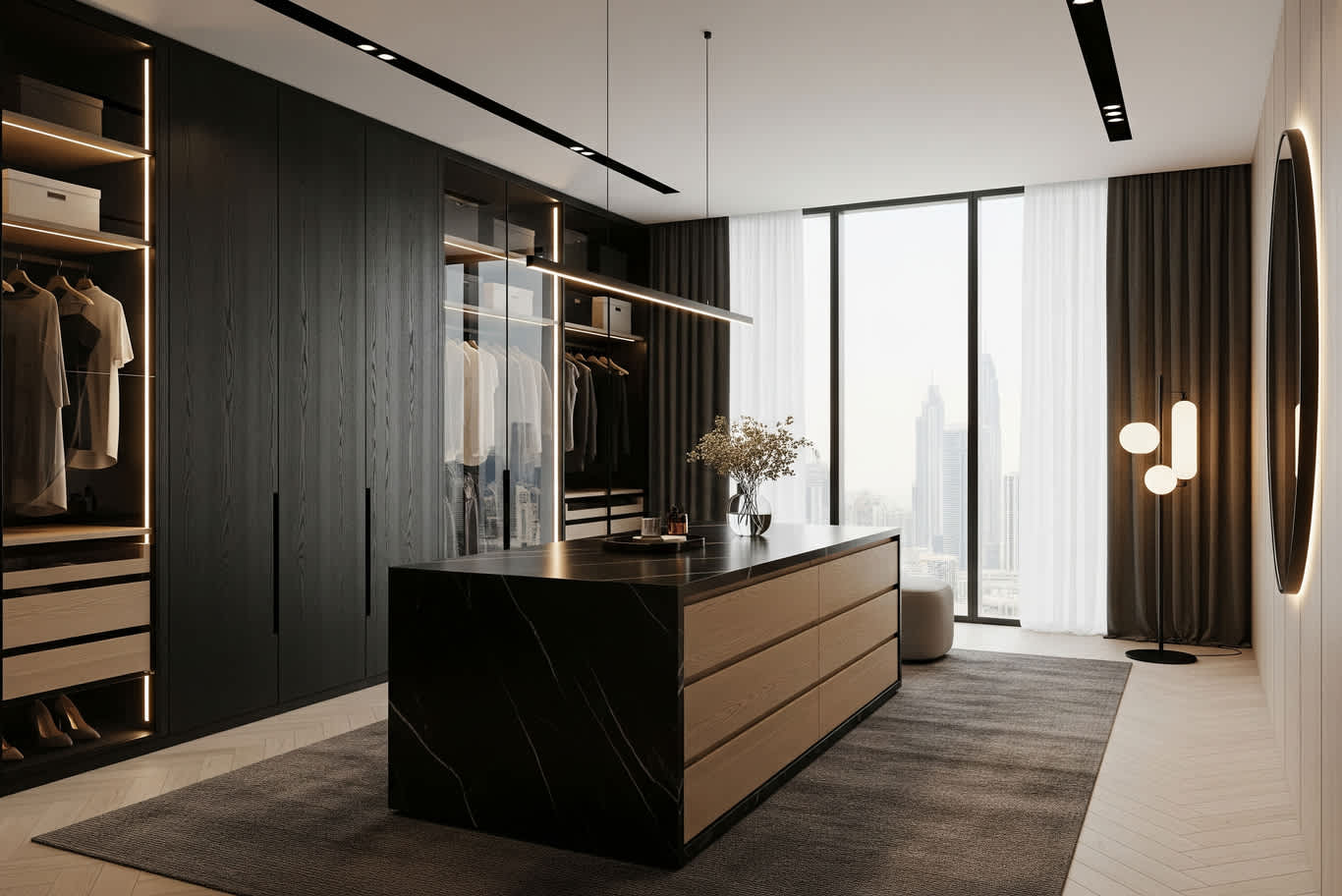 تصميم داخلي لغرفة نوم مع غرفة ملابس