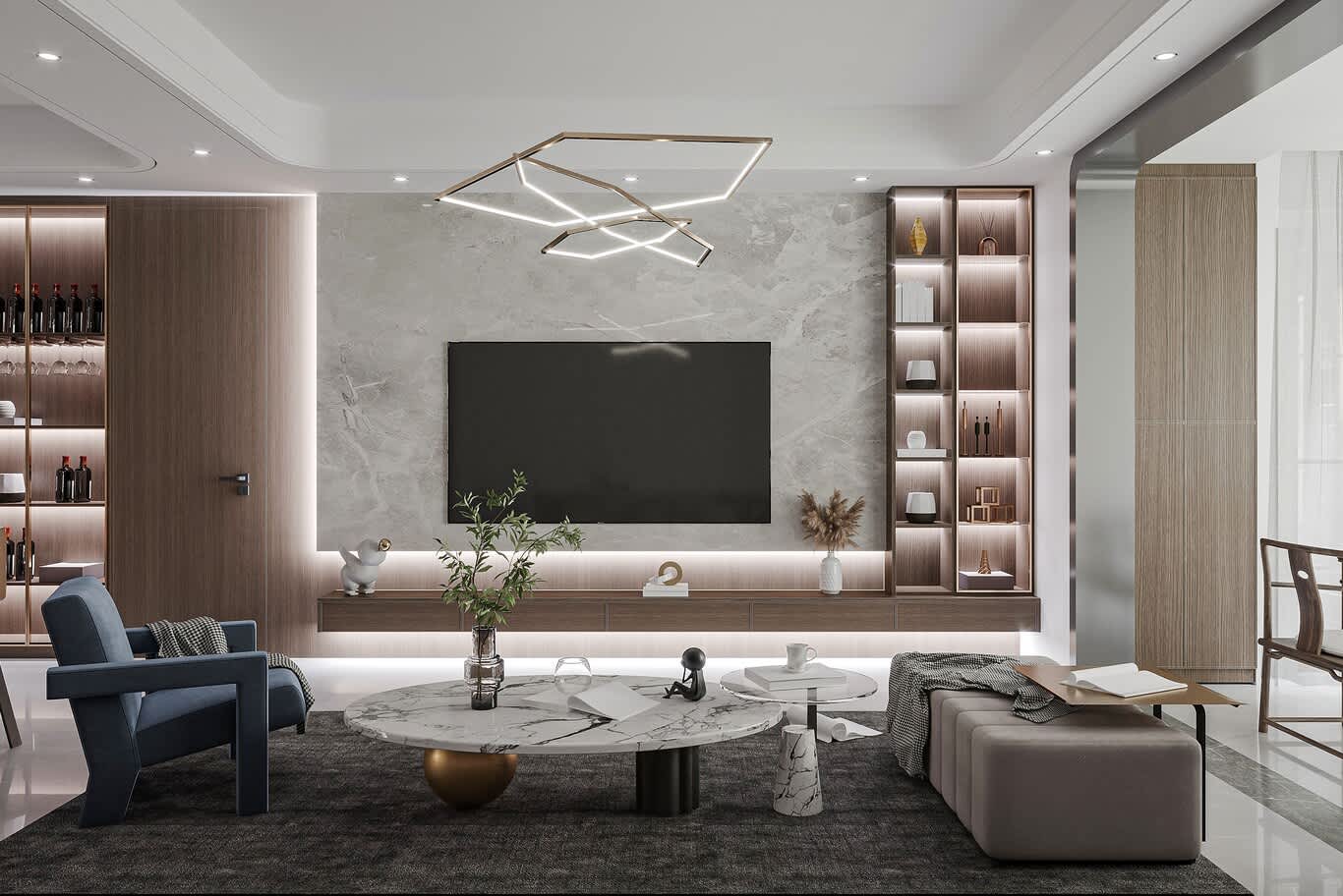 Stone TV wall flanked by illuminated joinery display columns
