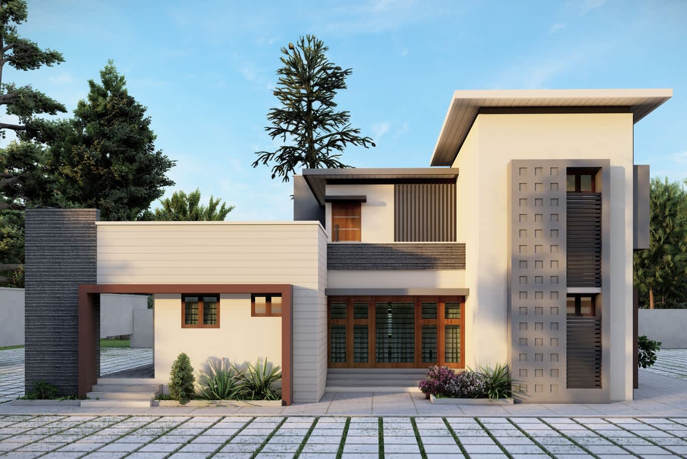 Nad Al Sheba villa design – street elevation with a timber portal frame, perforated tower screen and stacked stone pier