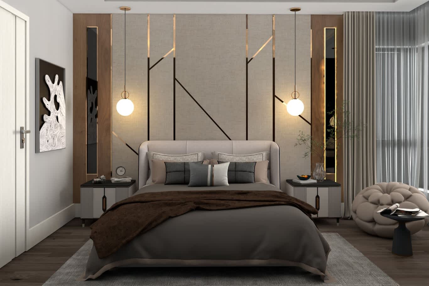 Bedroom lighting with opal globe pendants beside the bed and brass-inlaid linen wall panels