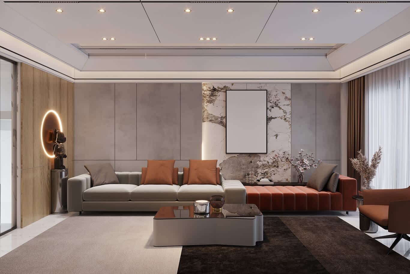 backlit quartzite feature wall with terracotta velvet chaise in a modern Doha residence