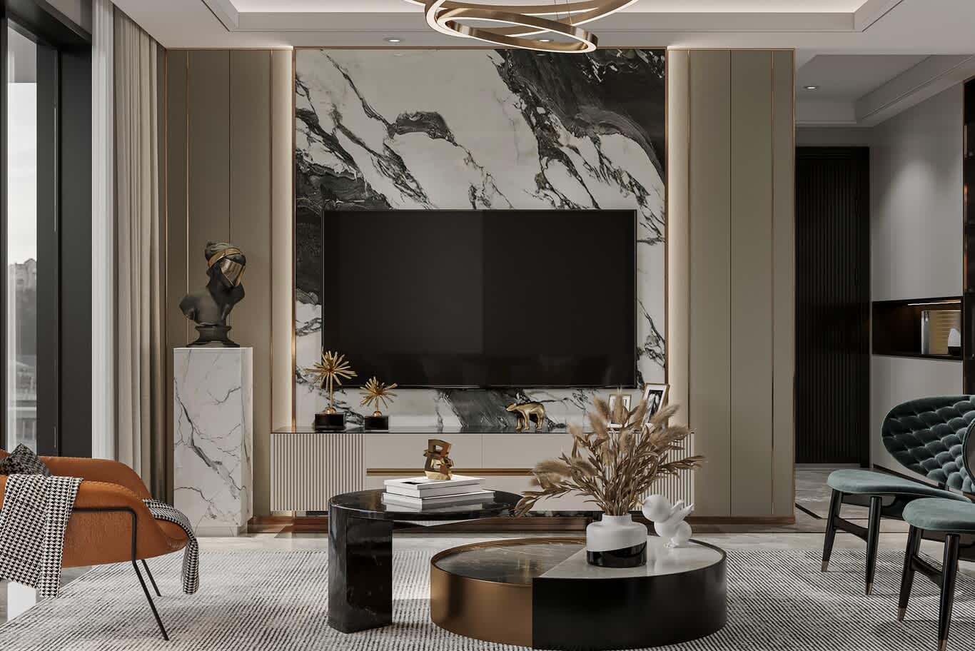 Dramatic marble TV wall with bronze reveals and fluted media console