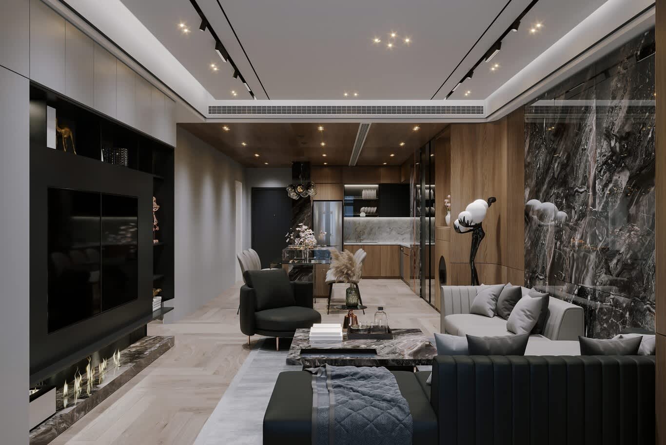 Dark luxury apartment with black media wall, linear fire and herringbone oak floor